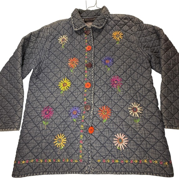 New Directions Jacket Womens Medium Blue Quilted Denim Embroidered Floral Boho - Picture 1 of 9